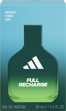 Adidas Vibes Full Recharge EDP, granatowo-zielone opakowanie z grafiką gradientowej butelki perfum.