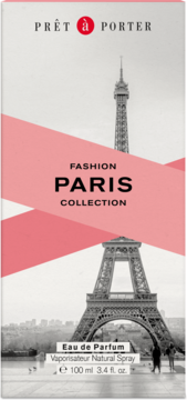Prêt à Porter Paris Eau de Parfum 100ml w białym opakowaniu z różową grafiką i Wieżą Eiffla, widok z przodu.