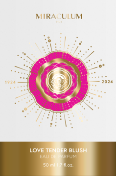Etykieta perfum Miraculum Love Tender Blush 50ml, biała z złotym spodem i różowo-złotym wzorem gwiazdy.