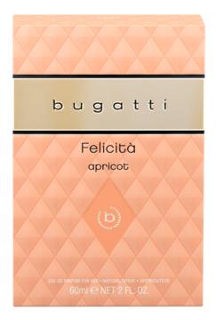 Bugatti Felicita Apricot woda perfumowana dla kobiet, 60ml, brzoskwiniowe pudełko w diamenty, widok z przodu.