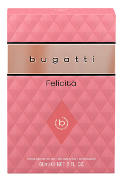 Różowe pudełko perfum Bugatti Felicità 60ml z metalicznym pasem i diamentowym wzorem, widok z przodu.