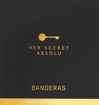 Czarna etykieta perfum Antonio Banderas Her Secret Absolu EDP ze złotym logo klucza i eleganckim napisem. Widok z przodu.