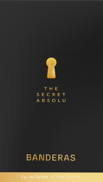Pionowe opakowanie perfum Antonio Banderas The Secret Absolu, czarne ze złotą dziurką od klucza i napisem Banderas.