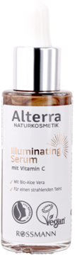 Alterra Illuminating Serum z witaminą C w brązowej butelce z srebrnym zakraplaczem, widok z przodu.