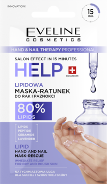 Eveline Hand & Nail Therapy Lipidowa maska do rąk, biało-fioletowe opakowanie z ilustracją dłoni, przód.