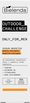 Bielenda Outdoor Challenge, męskie serum-booster nawilżająco-rewitalizujące, biała etykieta z czarnymi i pomarańczowymi napisami.