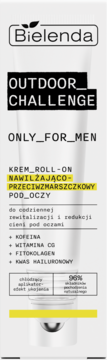 Bielenda Outdoor Challenge męski krem-roll-on pod oczy, nawilżająco-przeciwzmarszczkowy, biała tubka, przód.