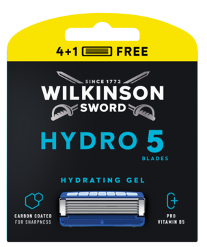 Wilkinson Sword Hydro 5 wkłady: 5 ostrzy, nawilżający żel, Pro-Vitamin B5, czarno-żółte opakowanie, widok z przodu.