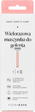Opakowana, różowa wielorazowa maszynka do golenia Your KAYA, z 2 wymiennymi główkami, widok z przodu.
