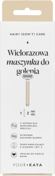 Opakowanie YOUR KAYA Wielorazowa maszynka do golenia Sand, białe, z ilustracją beżowej rączki i 2 główek.