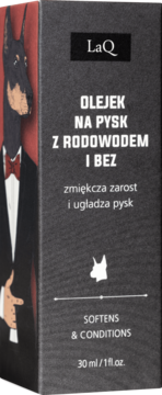 Olejek LaQ Doberman 30ml do zarostu, czarne pudełko z grafiką dobermana w smokingu na czerwonym boku.