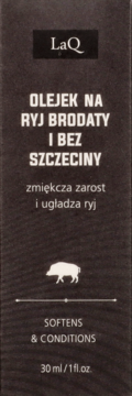 Olejek LaQ Dzikus z Lasu do brody i twarzy w ciemnej butelce, przód. Zmiękcza i odżywia zarost, 30 ml.