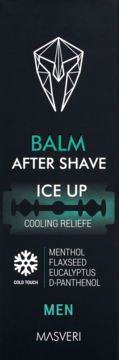 Masveri Men Ice Up balsam po goleniu z mentolem, ciemne opakowanie z grafiką ostrza i tekstem Ice Up.