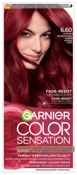 Garnier Color Sensation 6.60 Intensywny Rubin trwały krem koloryzujący, przód opakowania, kobieta z intensywnie czerwonymi włosami.