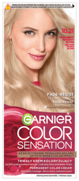 Garnier Color Sensation 10.21 Jedwabisty Perłowy Blond, opakowanie z blond modelką, przód. Intensywny, trwały kolor.