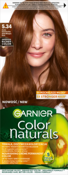 Opakowanie farby Garnier Color Naturals 5.34, intensywny złocisty brąz, z uśmiechniętą kobietą i wzmacniającą włosy formułą.