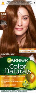Trwała farba Garnier Color Naturals 5.34 Złoty Brąz. Modelka z pięknymi włosami, 100% pokrycia siwych.