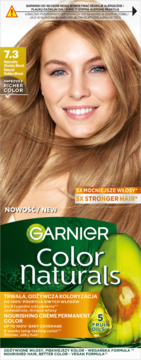 Garnier Color Naturals farba do włosów 7.3 Złocisty Blond, opakowanie z modelką o złotych włosach, przód.