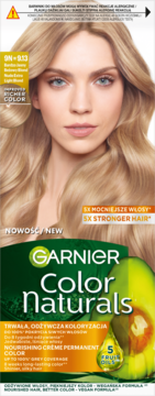 Garnier Color Naturals: trwała farba do włosów 9N-9.13 jasny beżowy blond, opakowanie z modelką.