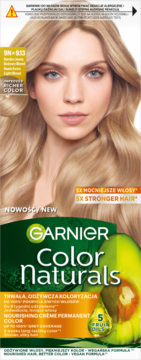 Trwała, odżywcza farba Garnier Color Naturals 9N-9.13 Barley Blonde, z modelką i awokado na opakowaniu.