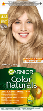 Garnier Color Naturals 8.13, trwała farba do włosów jasny blond z odżywką 5 olejków owocowych.