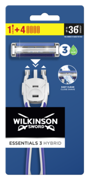 Zestaw Wilkinson Sword Essentials 3 Hybrid: 1 maszynka i 4 ostrza z aloesem, widok opakowania na niebieskim tle.