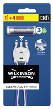 Zestaw Wilkinson Sword Essentials 3 Hybrid: 1 maszynka i 4 ostrza z aloesem, widok opakowania na niebieskim tle.
