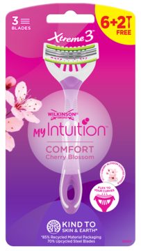 Wilkinson Sword Xtreme 3 My Intuition Comfort Cherry Blossom, maszynka jednorazowa, 3 ostrza, w różowo-fioletowym blistrze.