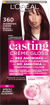Krem koloryzujący L'Oréal Casting Crème Gloss 360 Black Cherry, bez amoniaku, długotrwały blask, front opakowania.