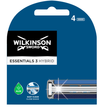 Część niebieskiego opakowania Wilkinson Sword Essentials 3 Hybrid, 4 wkłady wymienne z aloesem i easy clean.