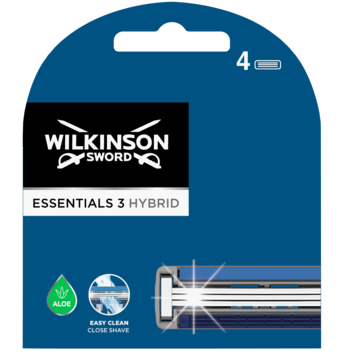 Część niebieskiego opakowania Wilkinson Sword Essentials 3 Hybrid, 4 wkłady wymienne z aloesem i easy clean.