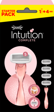 Wilkinson Sword Intuition Complete: różowa maszynka damska z 5 ostrzami, 1 rączka i 4 wkłady, widok opakowania.