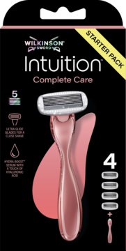 Wilkinson Sword Intuition Complete Care maszynka dla kobiet, różowa rączka, 5 ostrzy, 4 wkłady, na czarnym opakowaniu.