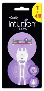 Wilkinson Sword Intuition Flow maszynka, opakowanie z biało-różową rączką, 3 ostrzami i olejkiem jojoba, przód.