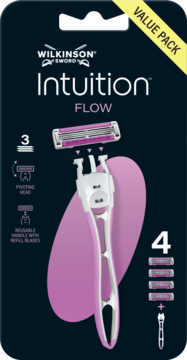 Wilkinson Sword Intuition Flow maszynka z różową rączką i 4 wkładami, w ciemnym opakowaniu, widok z przodu.