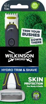 Wilkinson Sword Hydro Trim & Shave, trymer i golarka do ciała dla ochrony skóry, na tle zielonej trawy.