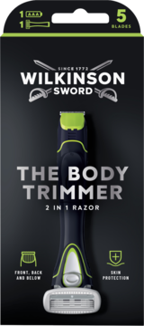 Wilkinson Sword The Body Trimmer 2 in 1 Razor, black/green package, 5 blades, includes AAA battery.