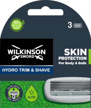 Wkłady Wilkinson Sword Hydro Trim & Shave, 3 szt., ochrona skóry ciała i okolic intymnych, na czarnym opakowaniu.