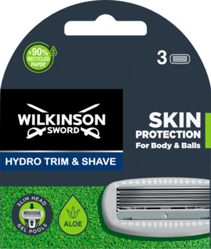 Wkłady Wilkinson Sword Hydro Trim & Shave, 3 szt., ochrona skóry ciała i okolic intymnych, na czarnym opakowaniu.