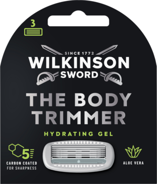 Opakowanie Wilkinson Sword The Body Trimmer, 3 wkłady do maszynki z aloesem i żelem nawilżającym.