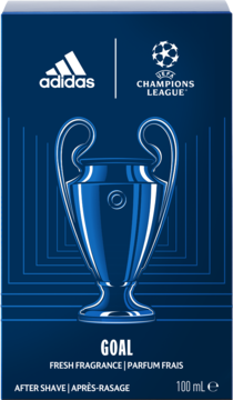 Niebieskie pudełko wody po goleniu Adidas Goal, 100ml, z ilustracją pucharu Ligi Mistrzów, widok z przodu.
