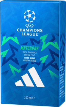 Woda po goleniu Adidas UEFA Champions League Matchday, 100ml. Niebieski kartonik z logo UEFA, Adidas, widok przodem.