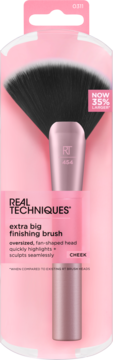 Real Techniques 454 extra big finishing brush in pink packaging, showing large black fan head and rose gold handle.