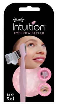 Intuition Eyebrow Styler w różowo-czarnym opakowaniu, widok z przodu. Zawiera akcesorium do stylizacji i precyzyjne ostrze.