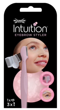 Intuition Eyebrow Styler w różowo-czarnym opakowaniu, widok z przodu. Zawiera akcesorium do stylizacji i precyzyjne ostrze.