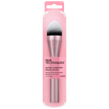 Pędzel do różu Real Techniques Power Pigment Blush, różowo-czarny, w różowym opakowaniu, widok z przodu.