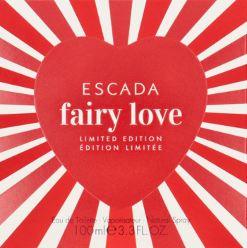 Escada Fairy Love 100ml woda toaletowa, front opakowania z dużym czerwonym sercem i promienistymi pasami.