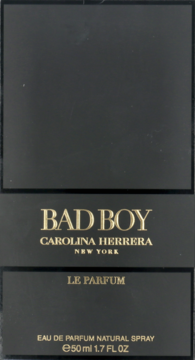 Czarne pudełko perfum Bad Boy Carolina Herrera Le Parfum 50ml ze złotymi napisami, widok z przodu.