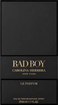 Męskie perfumy Carolina Herrera Bad Boy Le Parfum 50ml w czarnym matowym pudełku ze złotymi napisami, widok z przodu.