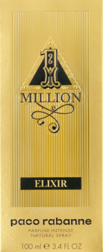 Złoty kartonik Paco Rabanne 1 Million Elixir Parfum Intense, z czarnym napisem i logo na frontowej ściance.